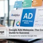 Laptop screen showing Google Ads dashboard with charts and analytics, titled “Google Ads Malaysia Guide 2025.