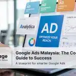 Laptop screen showing Google Ads dashboard with charts and analytics, titled “Google Ads Malaysia Guide 2025.
