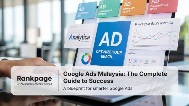 Laptop screen showing Google Ads dashboard with charts and analytics, titled “Google Ads Malaysia Guide 2025.