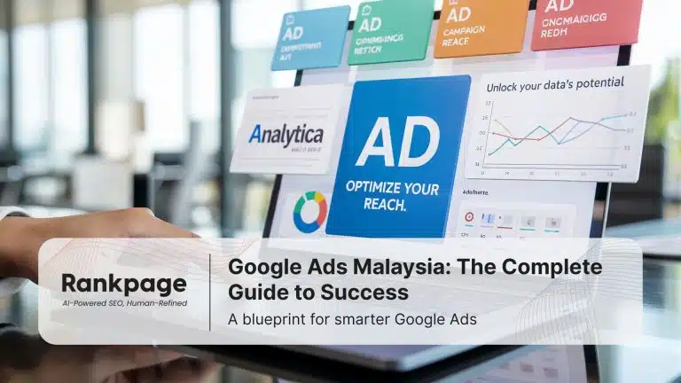 Laptop screen showing Google Ads dashboard with charts and analytics, titled “Google Ads Malaysia Guide 2025.