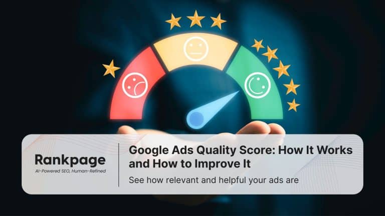 Hand holding a colorful satisfaction meter with sad, neutral, and happy faces representing Google Ads Quality Score, used for evaluating ad performance relevance.