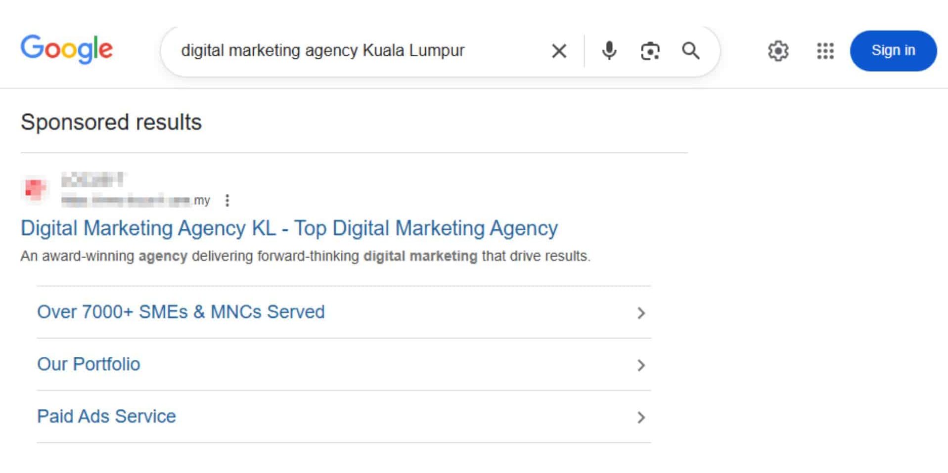Google Search results page showing a sponsored ad for a digital marketing agency in Malaysia.
