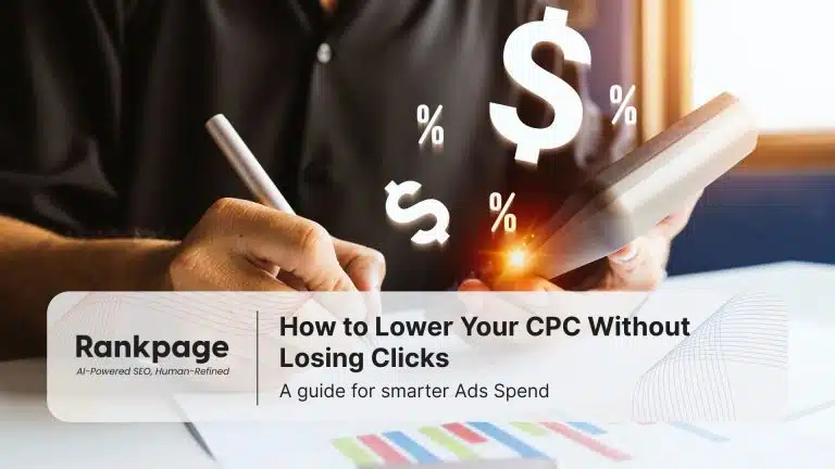 Person analyzing ad spend with calculator and dollar symbols, concept by Rankoage of lowering CPC without losing clicks.