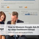 Two professionals working together on analytics with Google Ads charts in the background and a Rankpage article banner overlay.