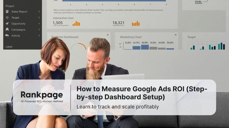 Two professionals working together on analytics with Google Ads charts in the background and a Rankpage article banner overlay.