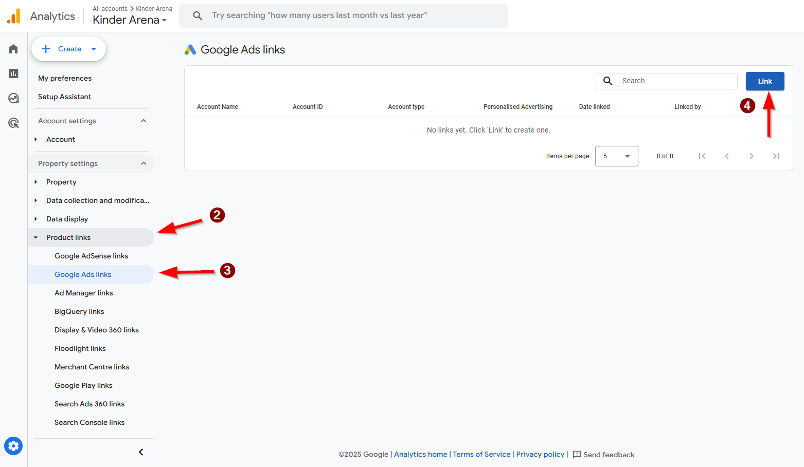 Google Analytics 4 interface showing steps to link a Google Ads account, with arrows pointing to "Product links," "Google Ads links," and "Link" button.