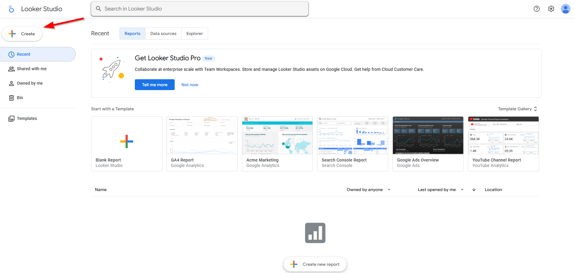 Looker Studio dashboard home screen with arrow pointing to the “Create” button for starting a new report.