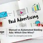 Notebook with drawings of email, video, ROI chart and text "Paid Advertising" for Google Ads bidding comparison.