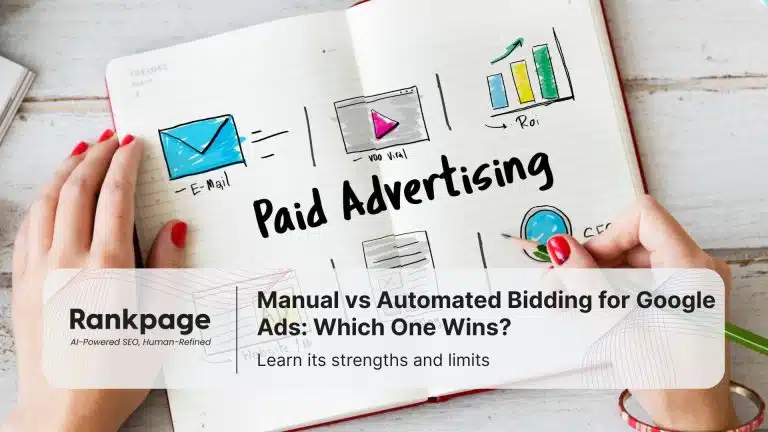 Notebook with drawings of email, video, ROI chart and text "Paid Advertising" for Google Ads bidding comparison.