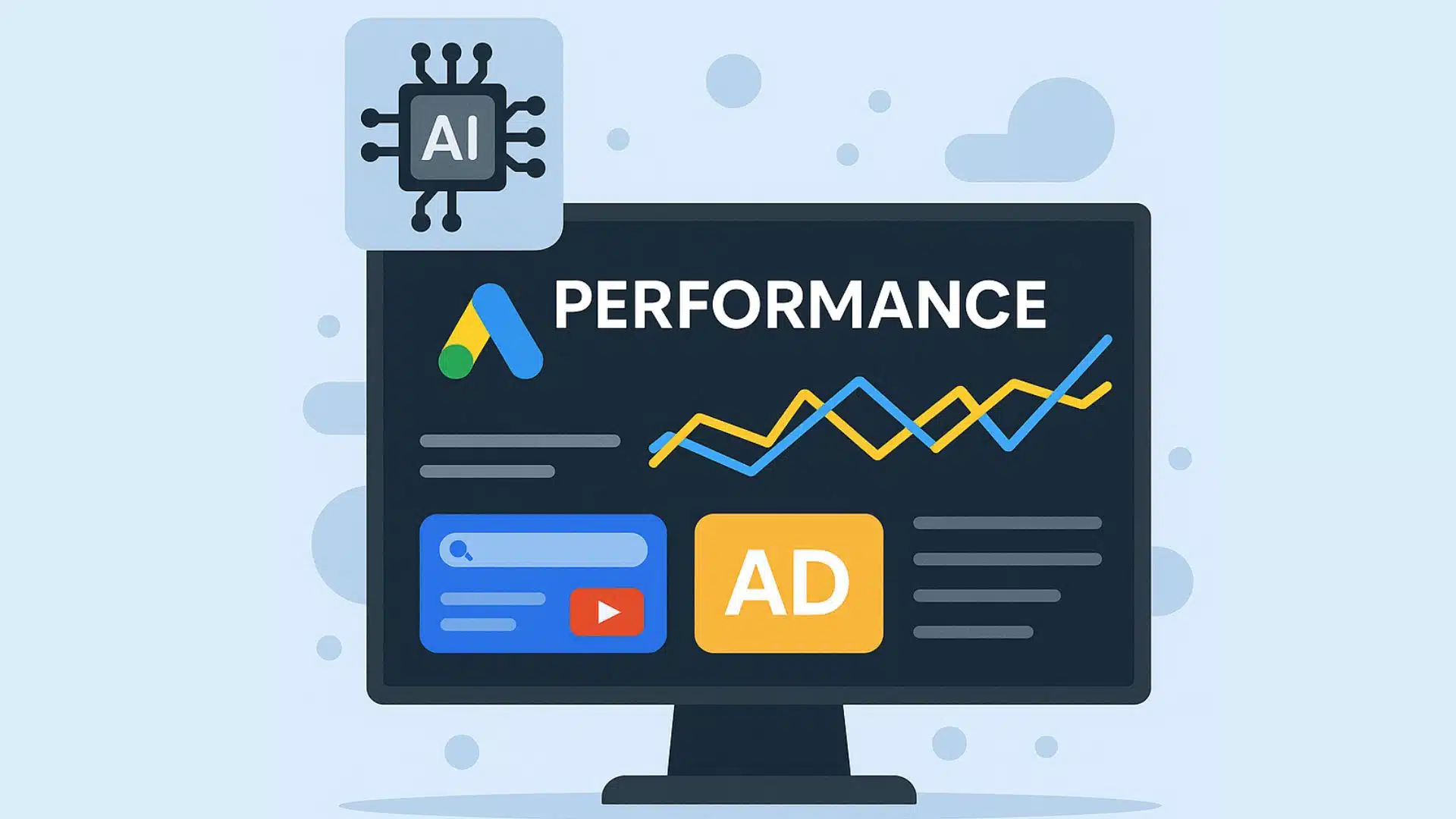 Performance Max dashboard concept combining Google Ads data across Search, Display, and YouTube.