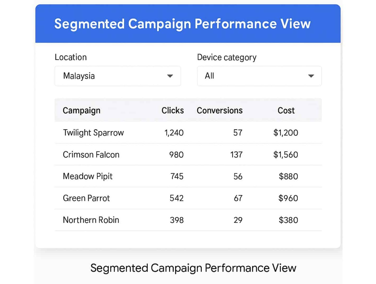 Segmented campaign performance table showing clicks, conversions, and cost by campaign in Malaysia, filtered by device category.
