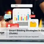 Digital marketer reviewing Google Ads smart bidding data on a tablet, showing graphs, goals, and conversion symbols. Hero image for Rankpage’s guide on Smart Bidding Strategies in Google Ads.