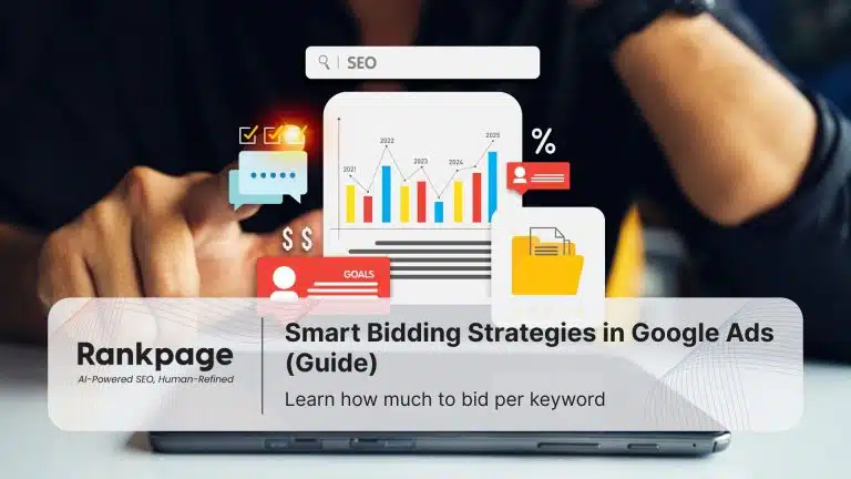 Digital marketer reviewing Google Ads smart bidding data on a tablet, showing graphs, goals, and conversion symbols. Hero image for Rankpage’s guide on Smart Bidding Strategies in Google Ads.