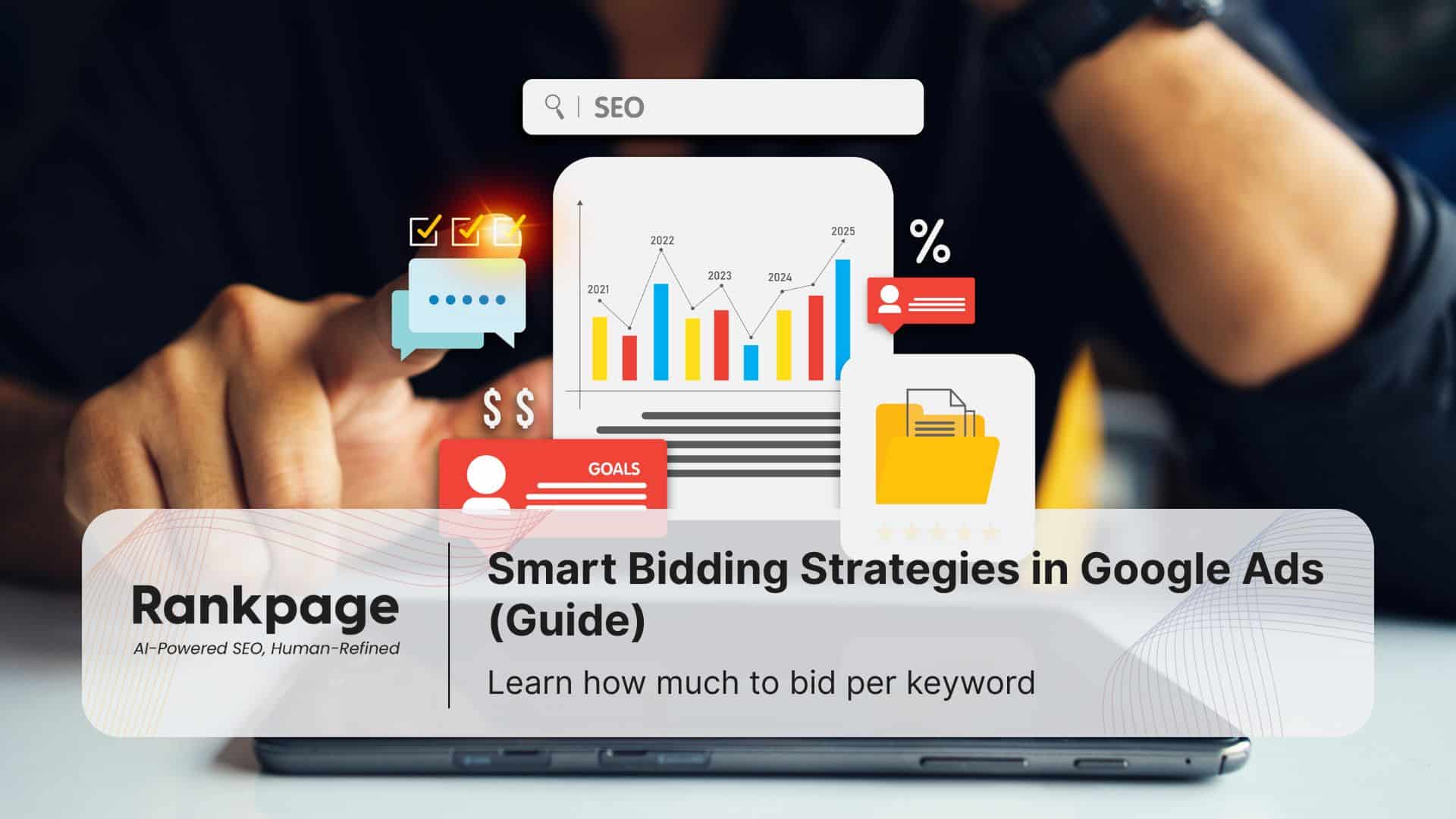 Digital marketer reviewing Google Ads smart bidding data on a tablet, showing graphs, goals, and conversion symbols. Hero image for Rankpage’s guide on Smart Bidding Strategies in Google Ads.