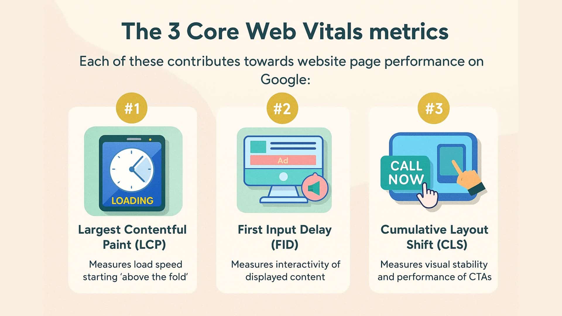 Illustration of the 3 Core Web Vitals metrics: LCP for load speed, FID for interactivity, and CLS for layout stability and CTA performance.