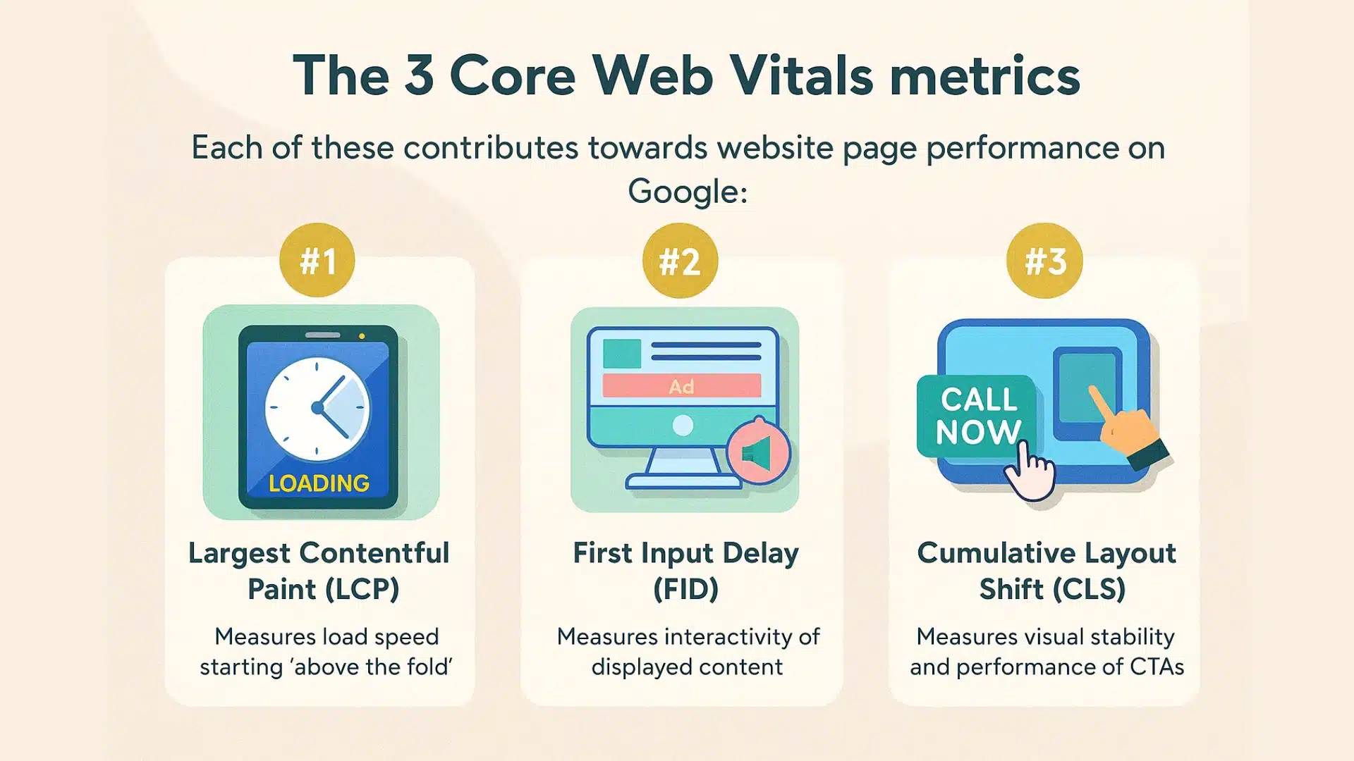 Illustration of the 3 Core Web Vitals metrics: LCP for load speed, FID for interactivity, and CLS for layout stability and CTA performance.
