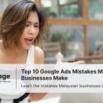 A frustrated young Malaysian businesswoman reacts to poor Google Ads results while looking at her laptop, symbolising common advertising mistakes. The image features Rankpage branding with the blog title “Top 10 Google Ads Mistakes Malaysian Businesses Make.