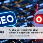 AI SEO vs Traditional SEO visual showing a glowing SEO icon and an AI robot, representing the shift from keyword-based optimisation to AI-driven search understanding and content clarity.