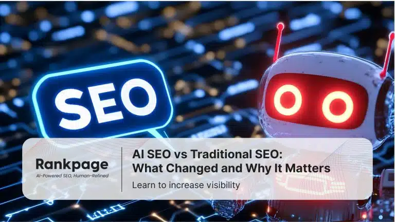 AI SEO vs Traditional SEO visual showing a glowing SEO icon and an AI robot, representing the shift from keyword-based optimisation to AI-driven search understanding and content clarity.