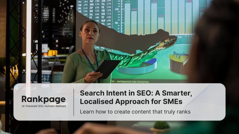 A lady presenting with projector showing bar chart of report on search intent in SEO