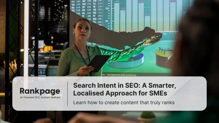A lady presenting with projector showing bar chart of report on search intent in SEO