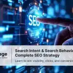 A hand pointing into touch screen in neon blue showing "SEO" button with Rankpage blog title overlay