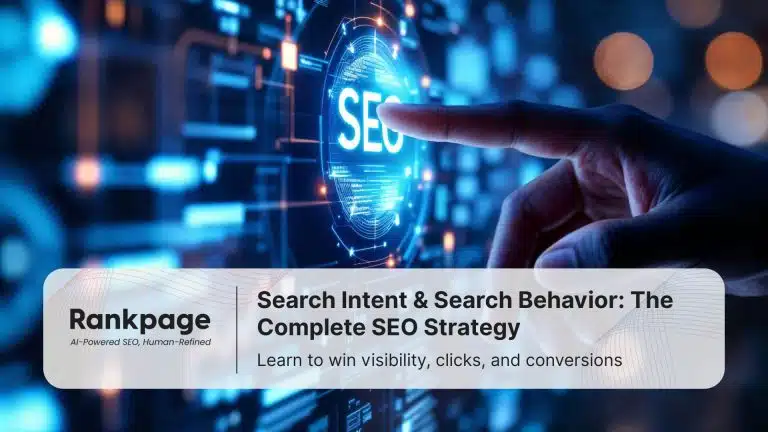 A hand pointing into touch screen in neon blue showing "SEO" button with Rankpage blog title overlay