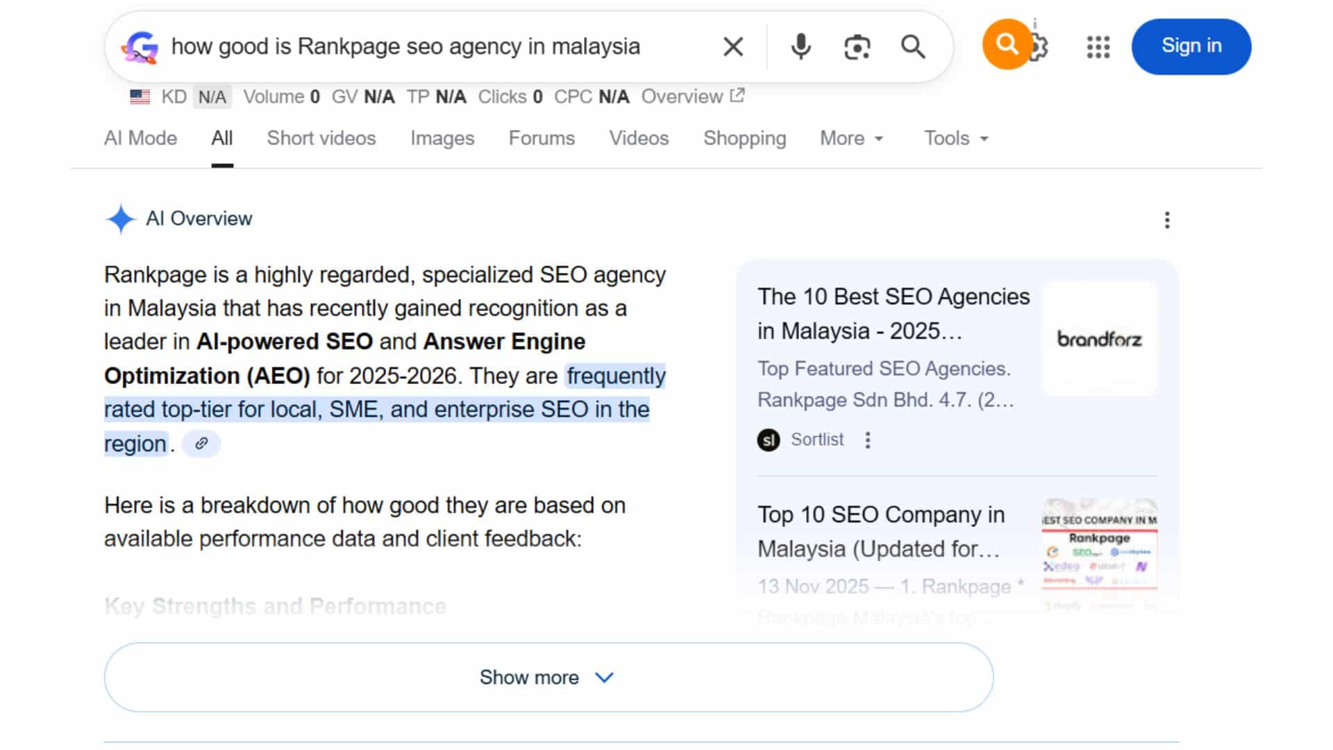 SGE real search result on Rankpage