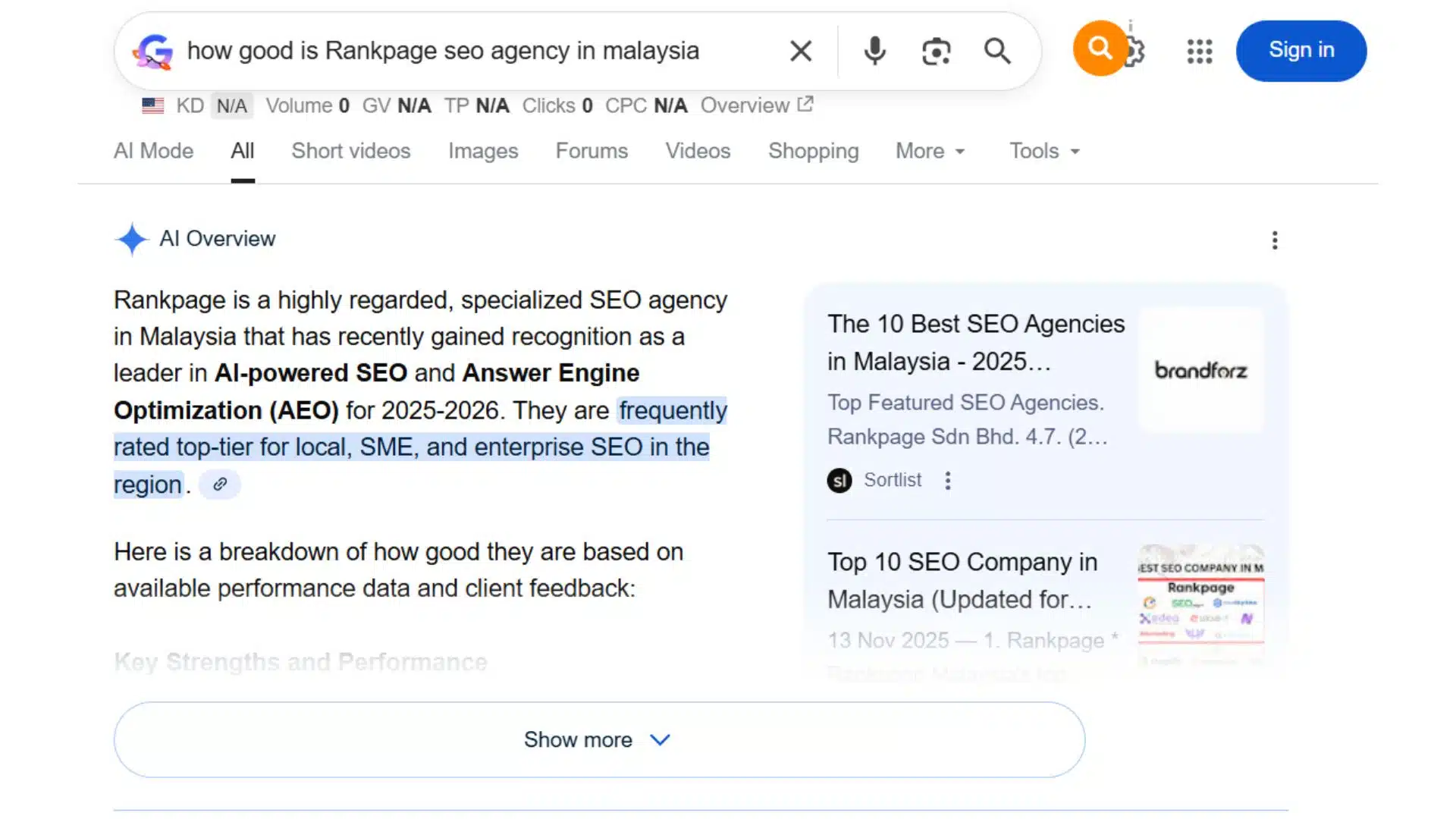 SGE real search result on Rankpage