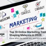 A laptop showing a lot of online marketing terms, including the words 'marketing' and 'advertising'