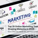 A laptop showing a lot of online marketing terms, including the words 'marketing' and 'advertising'