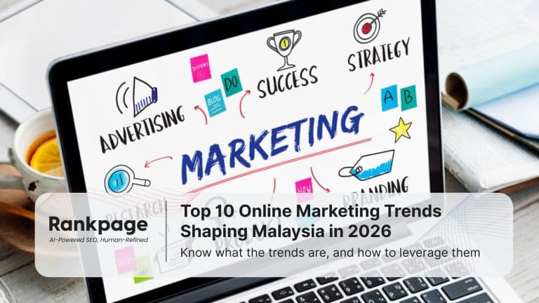 A laptop showing a lot of online marketing terms, including the words 'marketing' and 'advertising'