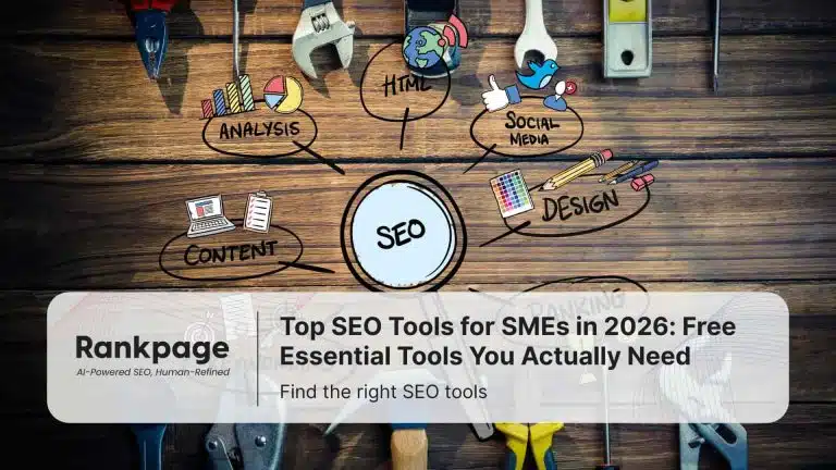 SEO concept diagram showing key elements like analysis, content, design, social media, and HTML on a wooden background with tools, used as a header image for Rankpage’s article on top SEO tools for SMEs in 2026.