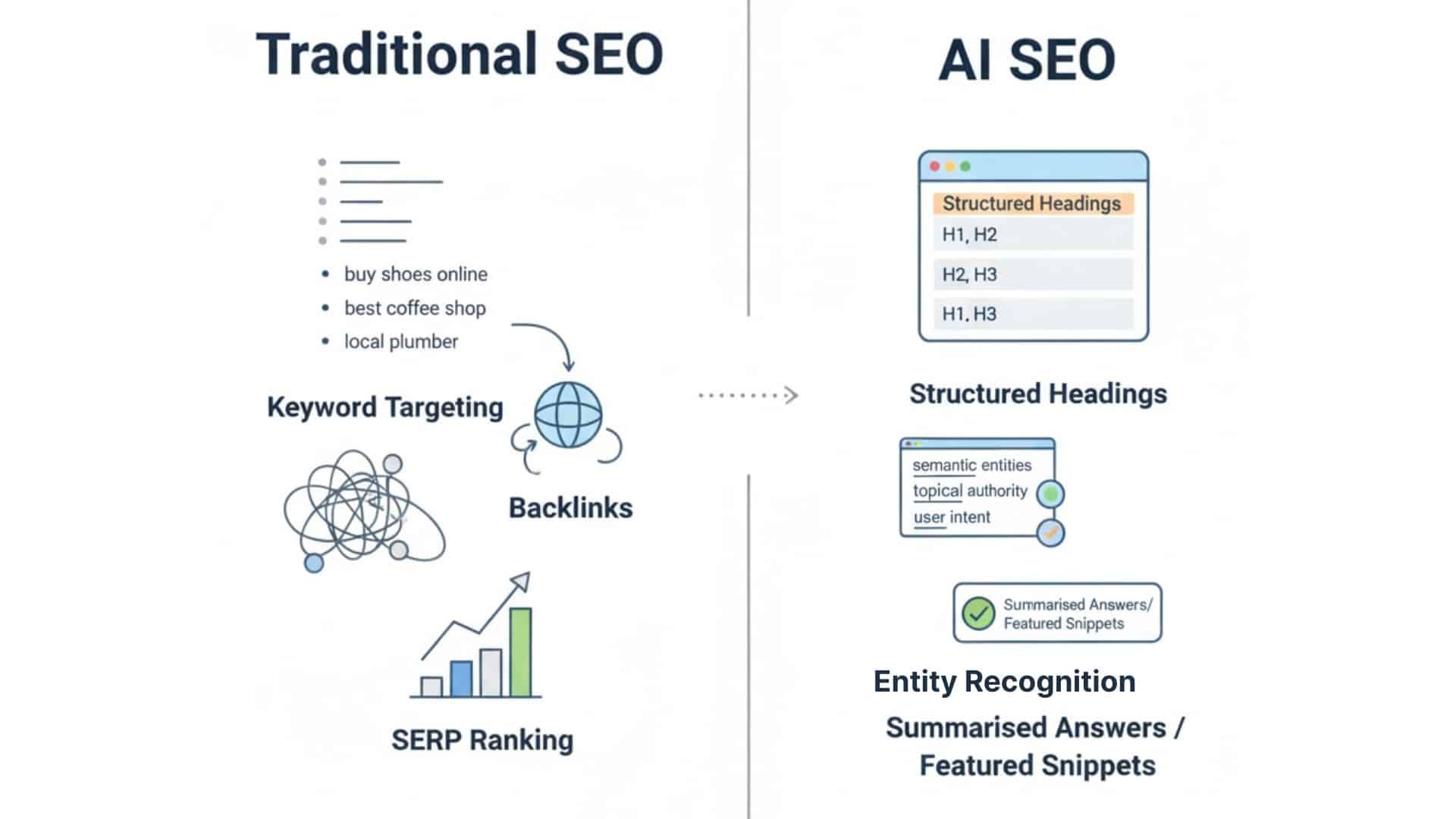 Visual comparison between traditional SEO ranking and AI SEO answer extraction