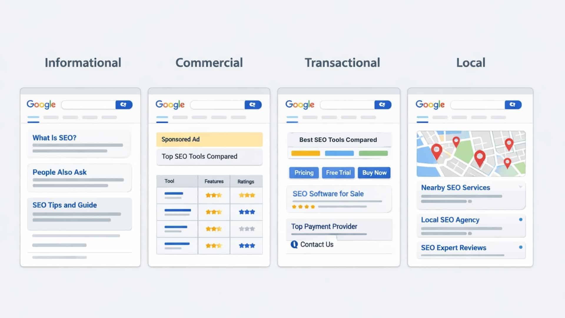 Example Google SERPs showing informational, commercial, transactional, and local search intent patterns