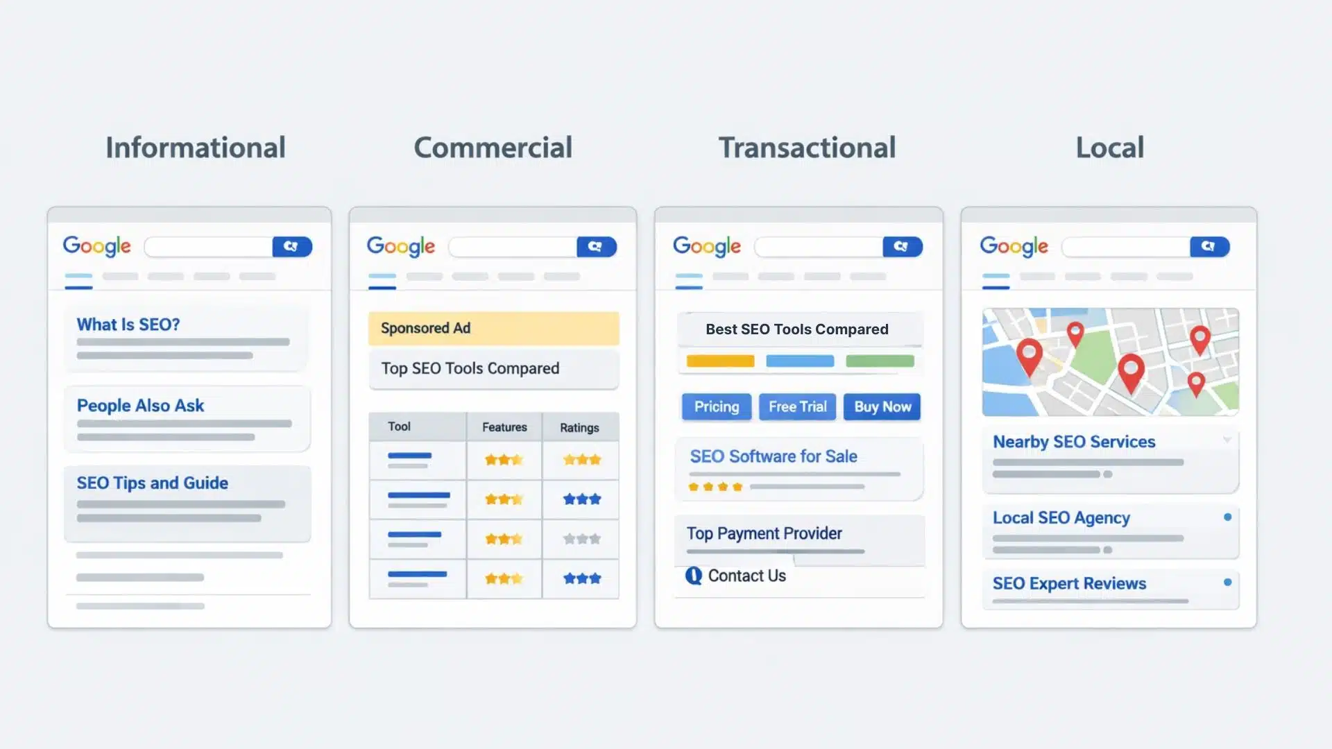 Example Google SERPs showing informational, commercial, transactional, and local search intent patterns