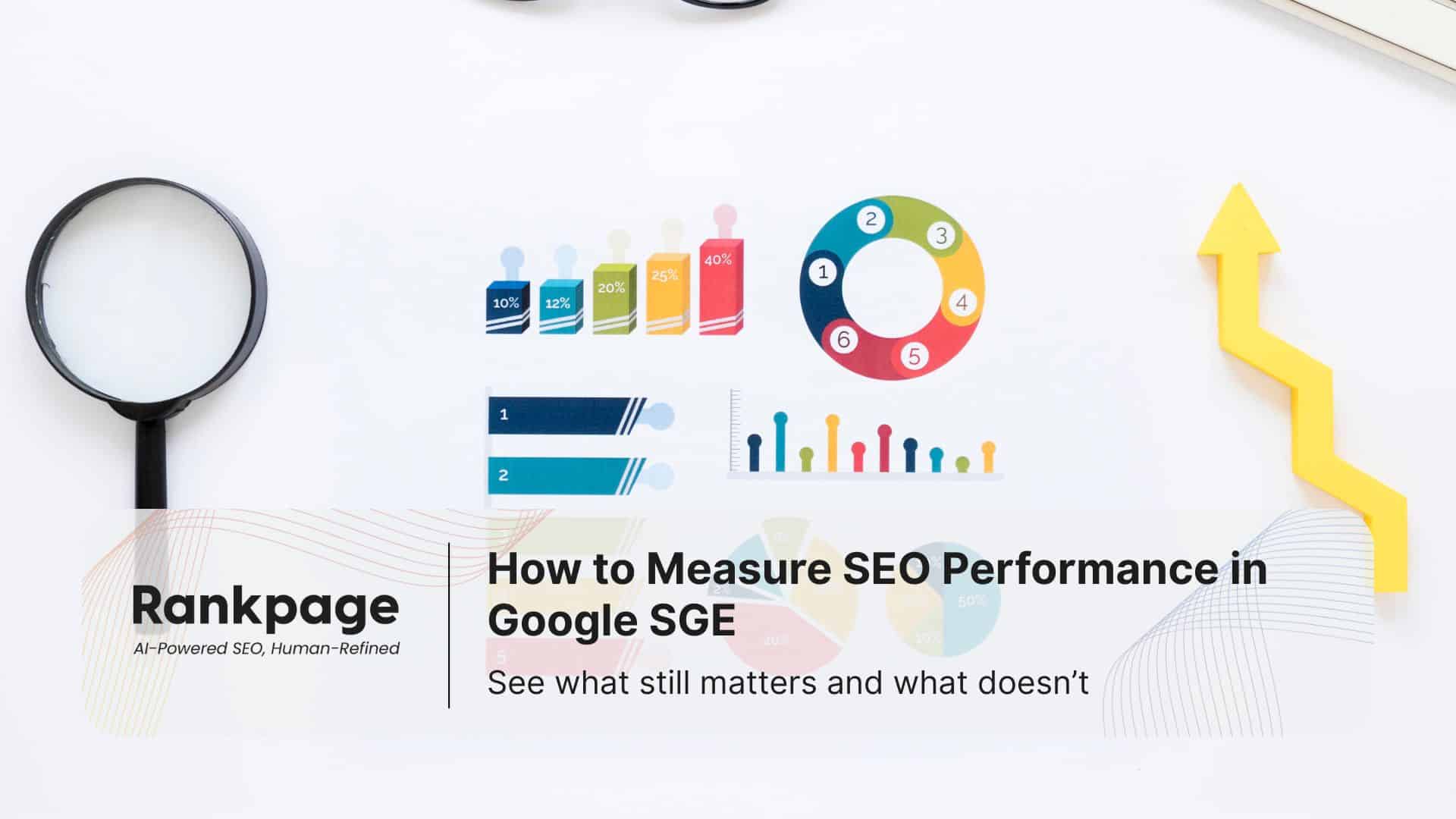 Charts with SEO performance record and statistic on desk with magnifier beside indicating how to measure