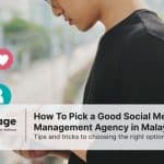 A man stares at his phone with symbols like hashtags, likes, and shares flying out, representing social media management.