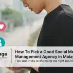 A man stares at his phone with symbols like hashtags, likes, and shares flying out, representing social media management.