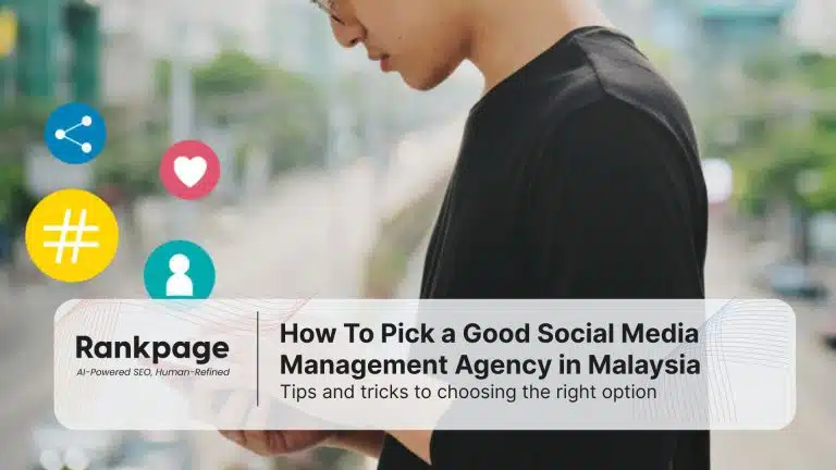 A man stares at his phone with symbols like hashtags, likes, and shares flying out, representing social media management.