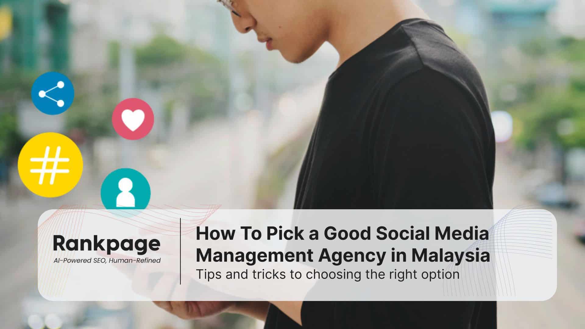 A man stares at his phone with symbols like hashtags, likes, and shares flying out, representing social media management.
