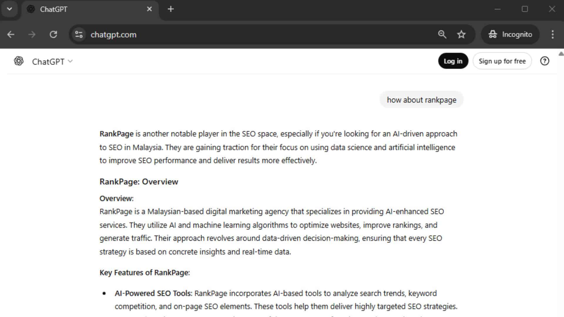 Screenshot of ChatGPT replying user queries