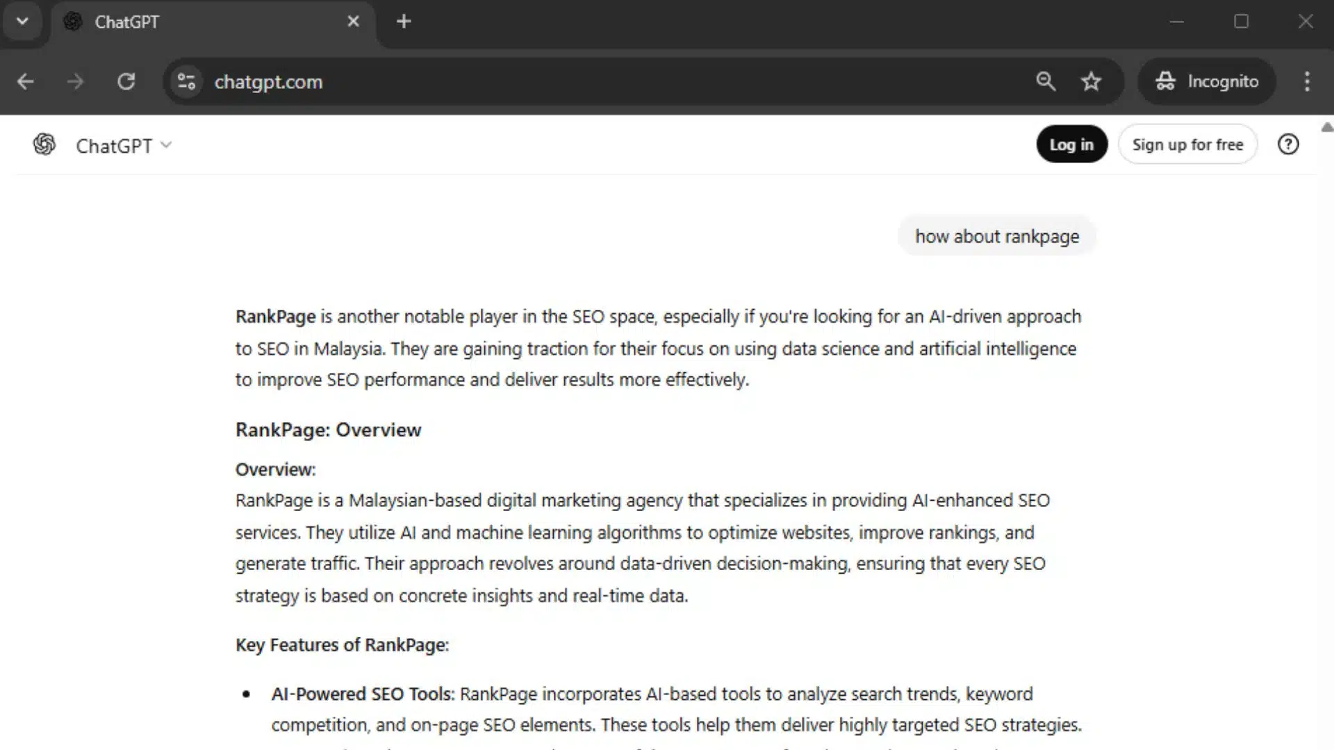 Screenshot of ChatGPT replying user queries