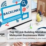 A man types on a computer which has a picture with the word 'backlinks' on the screen. He is doing link building for his company.