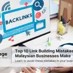 A man types on a computer which has a picture with the word 'backlinks' on the screen. He is doing link building for his company.