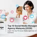 A woman types on her laptop, searching for a good social media management agency as hearts and thumbs up symbols float out from her laptop