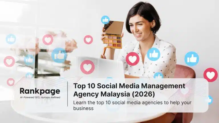 A woman types on her laptop, searching for a good social media management agency as hearts and thumbs up symbols float out from her laptop