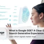 Girl looking into the Google SGE AI overview on a big screen.