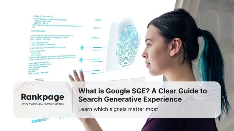 Girl looking into the Google SGE AI overview on a big screen.