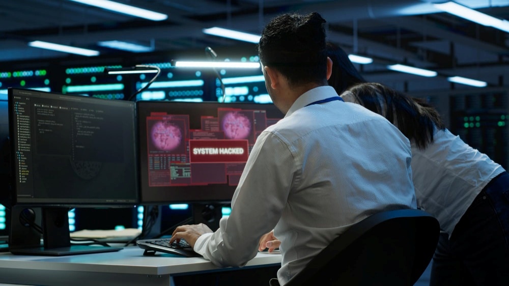 A cybersecurity expert working on a hacked system